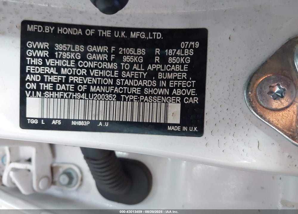 2020 HONDA CIVIC SPORT TOURING VIN: SHHFK7H94LU200352