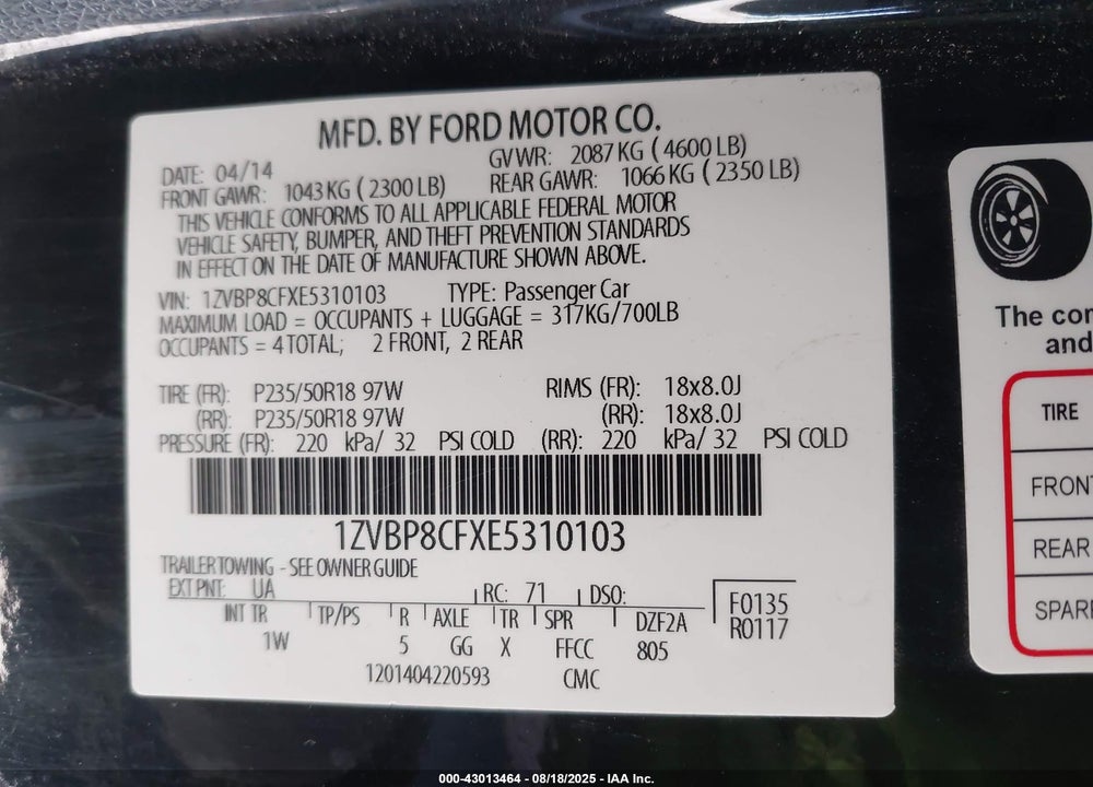 2014 FORD MUSTANG VIN: 1ZVBP8CFXE5310103