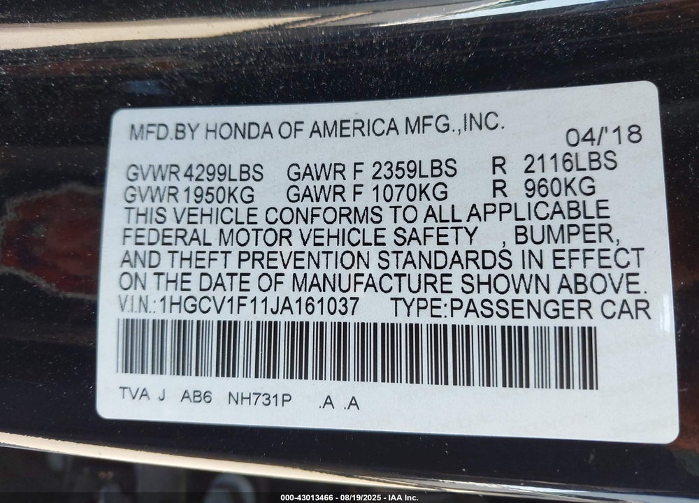 2018 HONDA ACCORD LX VIN: 1HGCV1F11JA161037