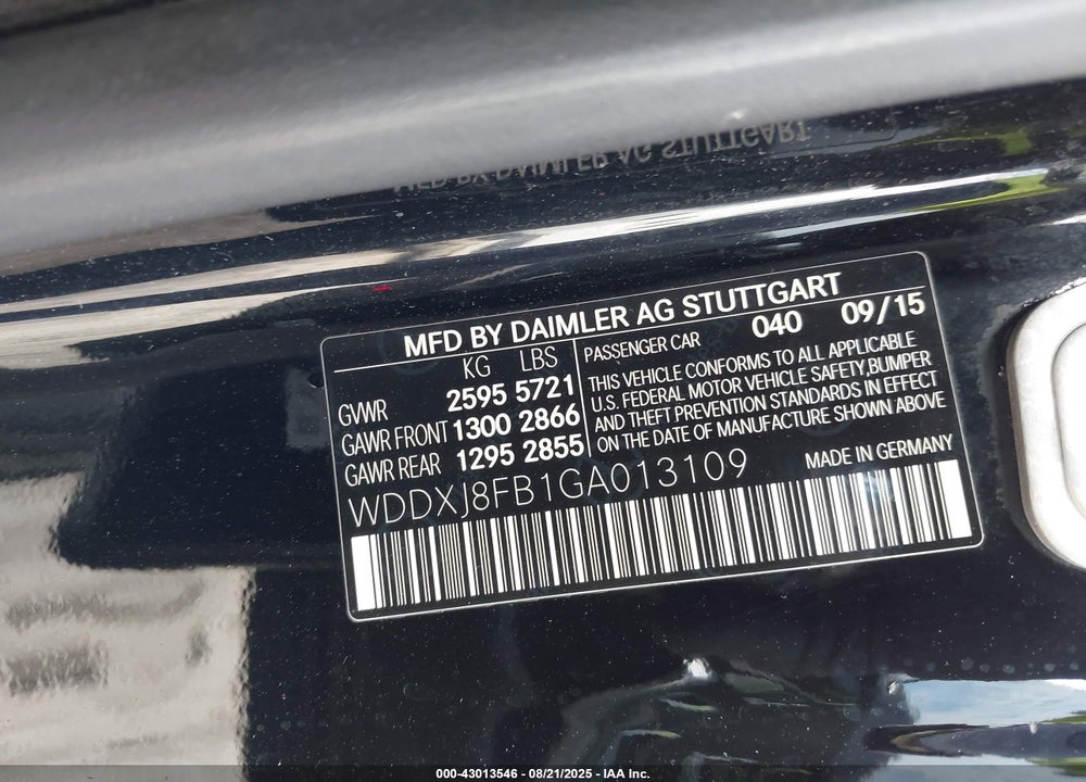 2016 MERCEDES-BENZ S CLASS VIN: WDDXJ8FB1GA013109