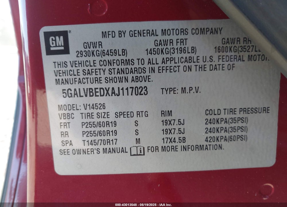 2010 BUICK ENCLAVE VIN: 5GALVBEDXAJ117023