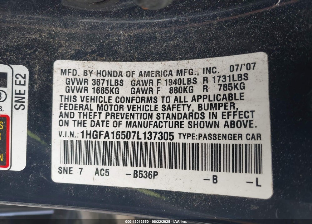 2007 HONDA CIVIC LX VIN: 1HGFA16507L137305
