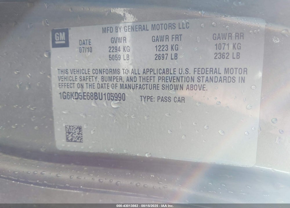 2011 CADILLAC DTS LUXURY COLLECTION VIN: 1G6KD5E68BU105990