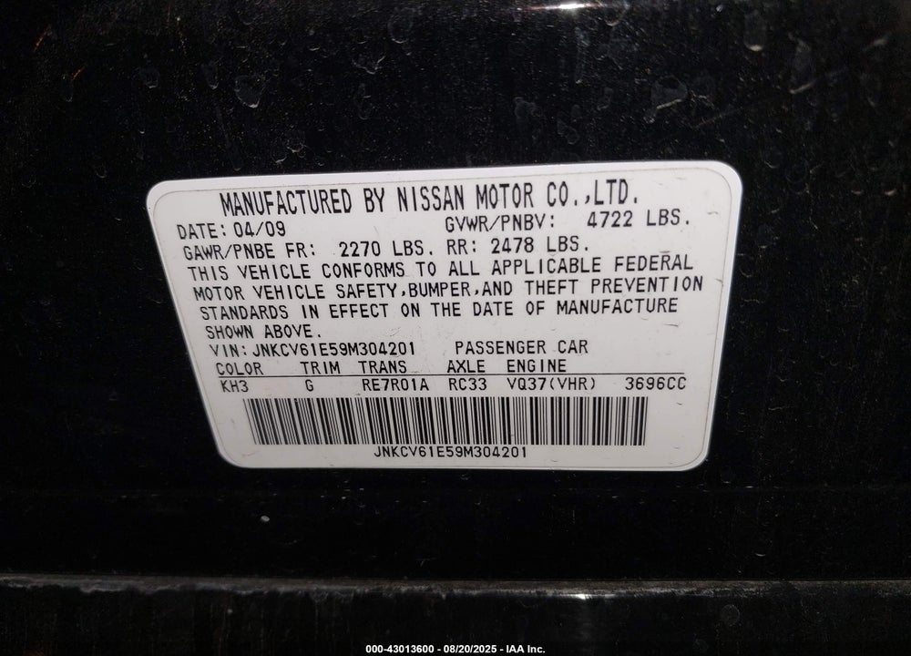2009 INFINITI G37 JOURNEY VIN: JNKCV61E59M304201