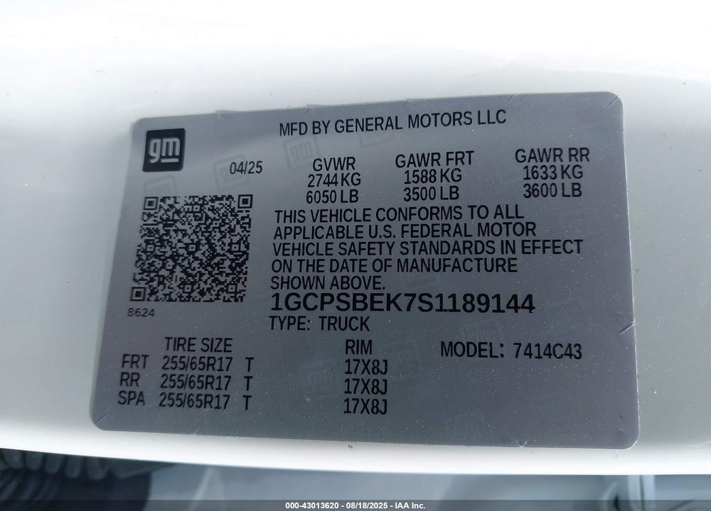 2025 CHEVROLET COLORADO VIN: 1GCPSBEK7S1189144
