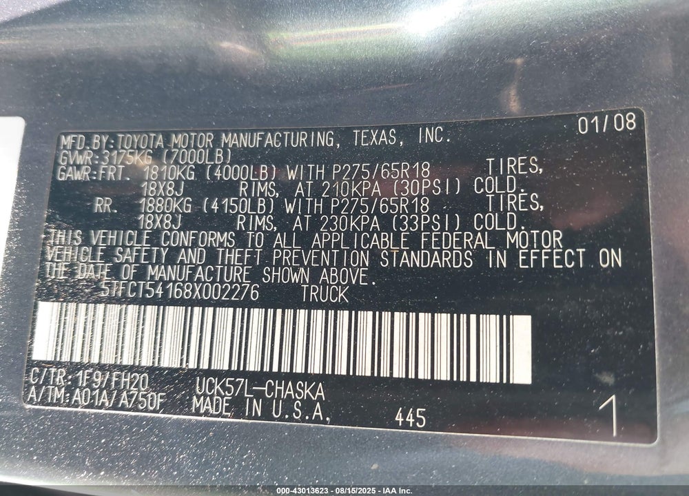 2008 TOYOTA TUNDRA BASE 4.7L V8 VIN: 5TFCT54168X002276