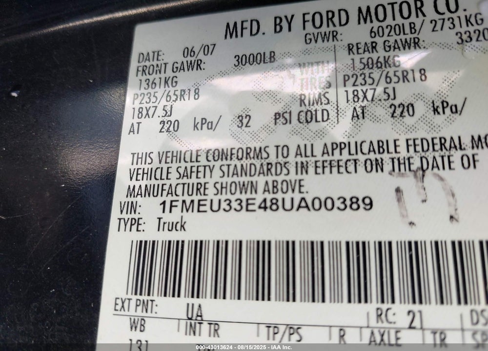 2008 FORD EXPLORER SPORT TRAC LIMITED VIN: 1FMEU33E48UA00389