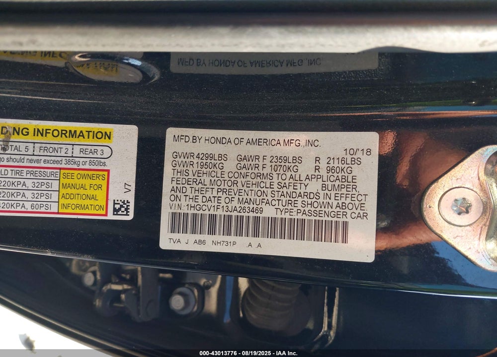 2018 HONDA ACCORD LX VIN: 1HGCV1F13JA263469