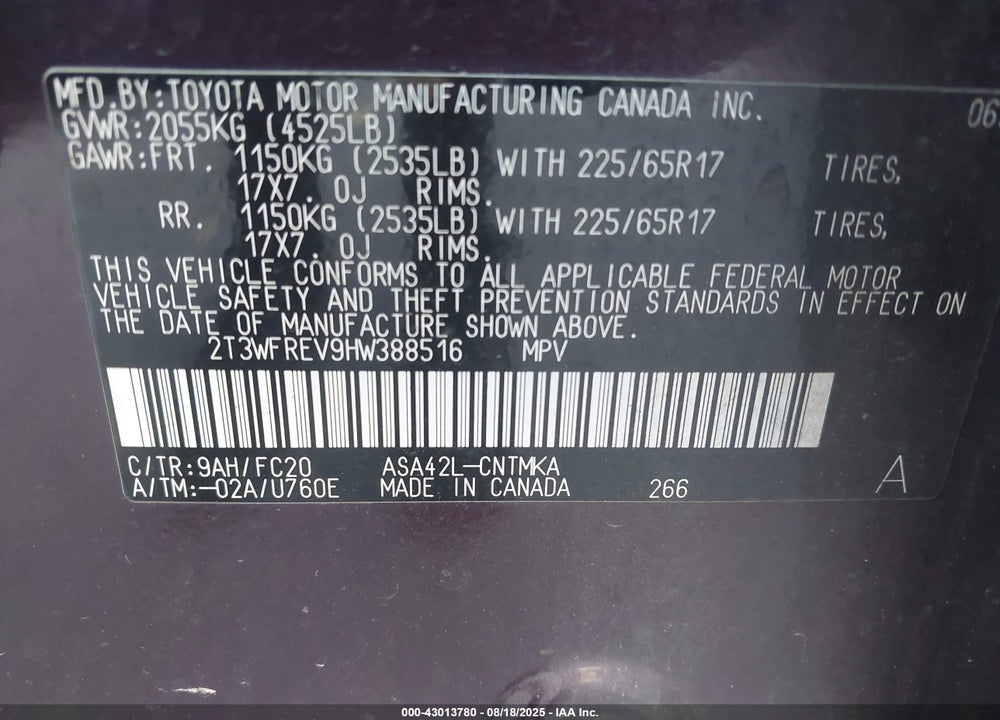 2017 TOYOTA RAV4 VIN: 2T3WFREV9HW388516