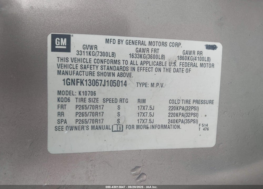 2007 CHEVROLET TAHOE LT VIN: 1GNFK13067J105014