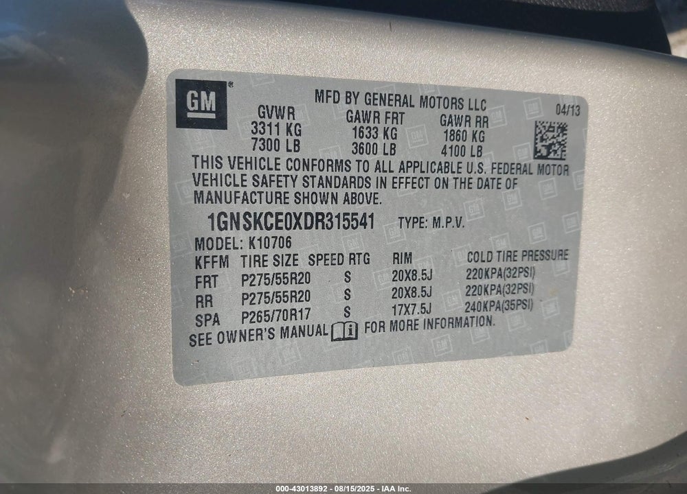 2013 CHEVROLET TAHOE VIN: 1GNSKCE0XDR315541