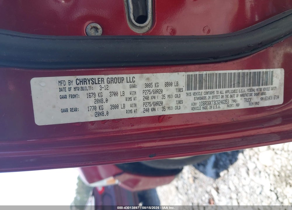 2012 RAM 1500 VIN: 1C6RD6KT3CS246353