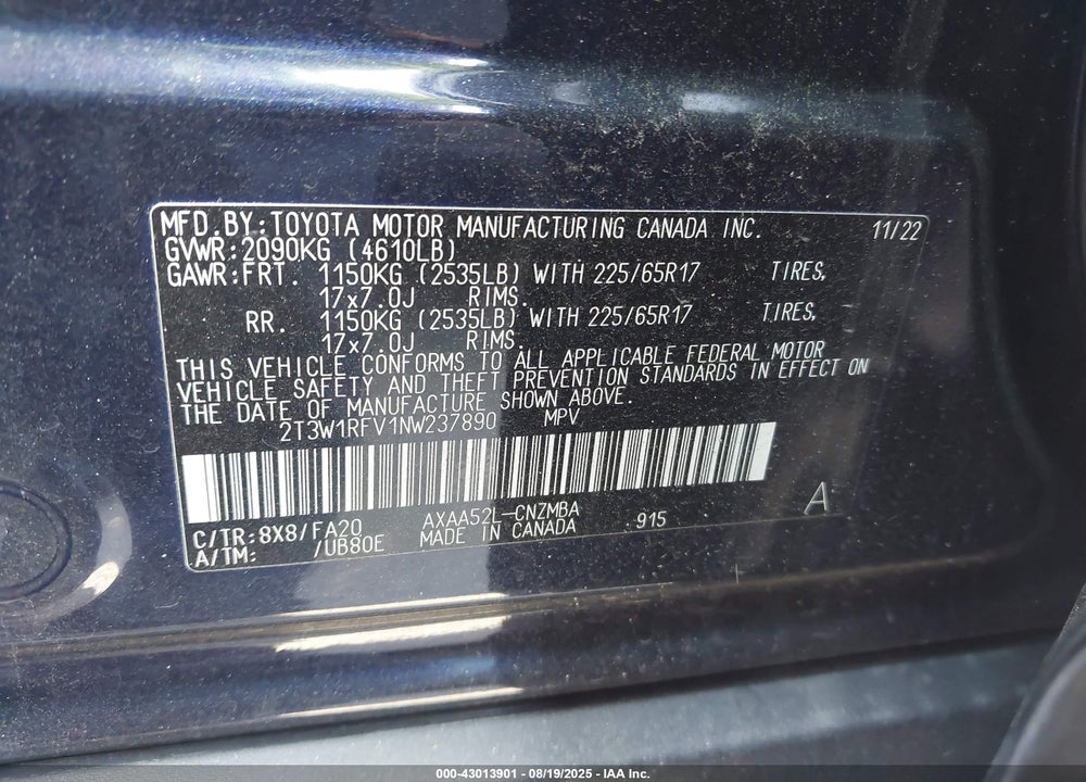 2022 TOYOTA RAV4 VIN: 2T3W1RFV1NW237890