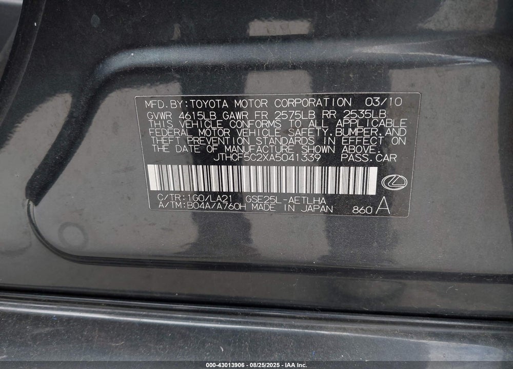 2010 LEXUS IS 250 VIN: JTHCF5C2XA5041339