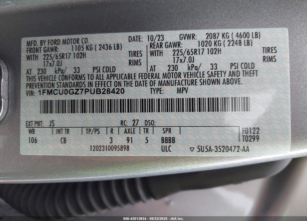2023 FORD ESCAPE VIN: 1FMCU0GZ7PUB28420