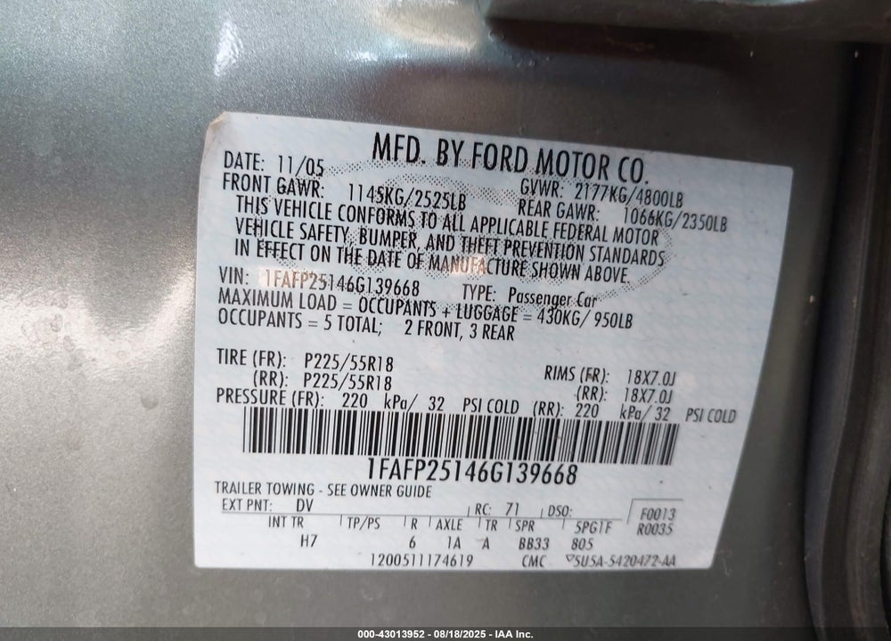 2006 FORD FIVE HUNDRED LIMITED VIN: 1FAFP25146G139668