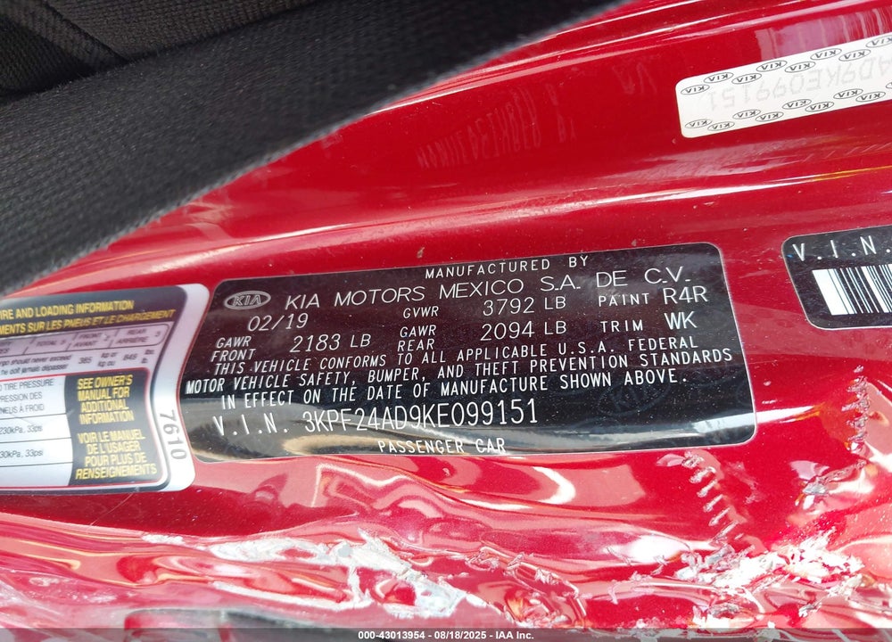 2019 KIA FORTE VIN: 3KPF24AD9KE099151