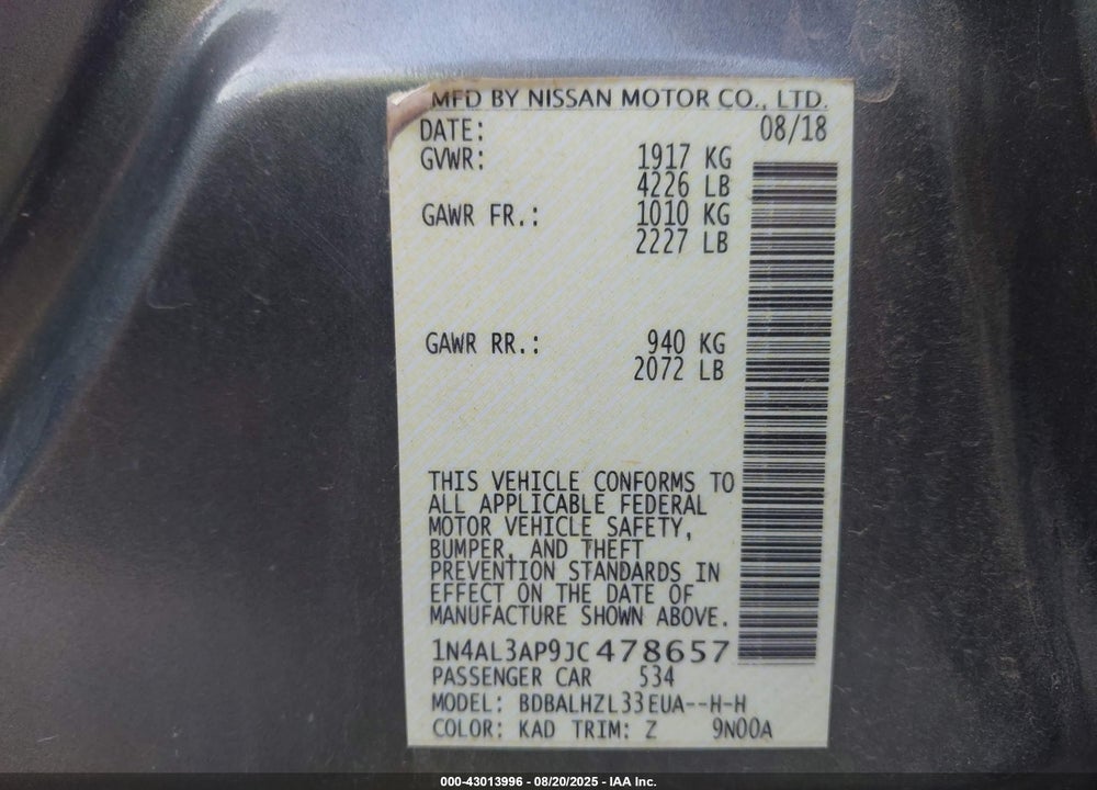 2018 NISSAN ALTIMA VIN: 1N4AL3AP9JC478657