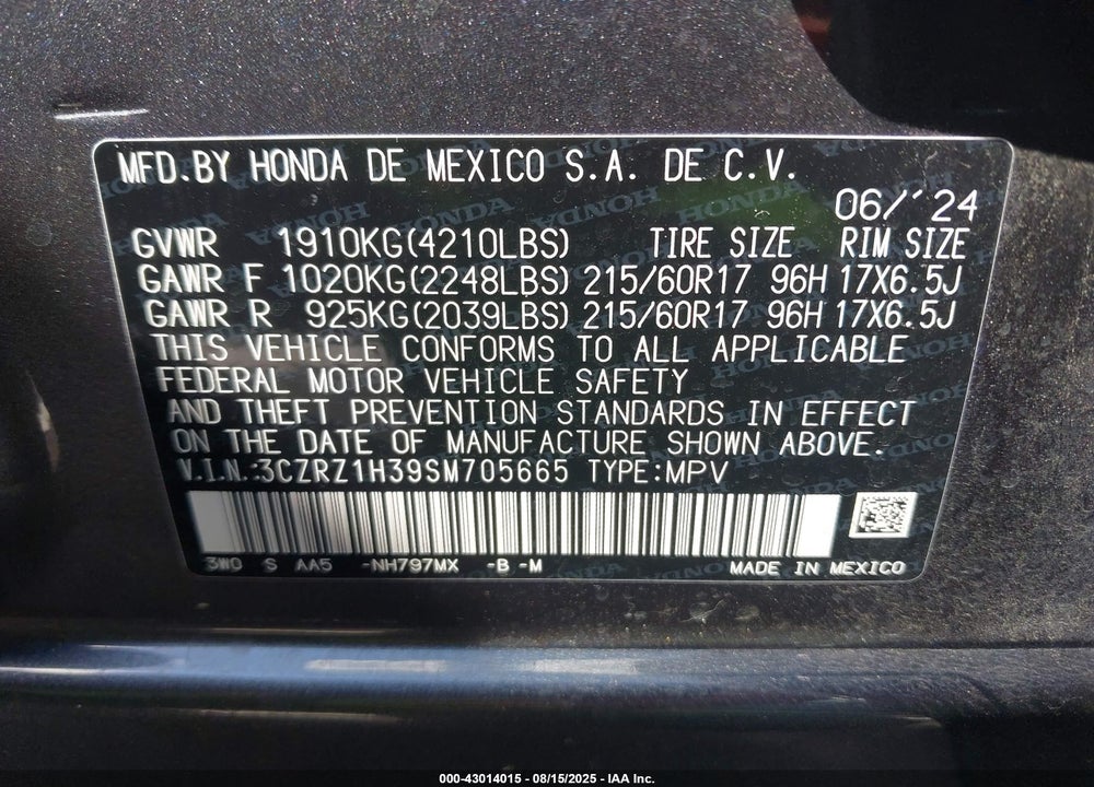 2025 HONDA HR-V VIN: 3CZRZ1H39SM705665