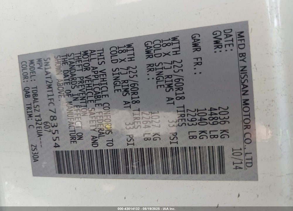 2015 NISSAN ROGUE VIN: 5N1AT2MT1FC783554