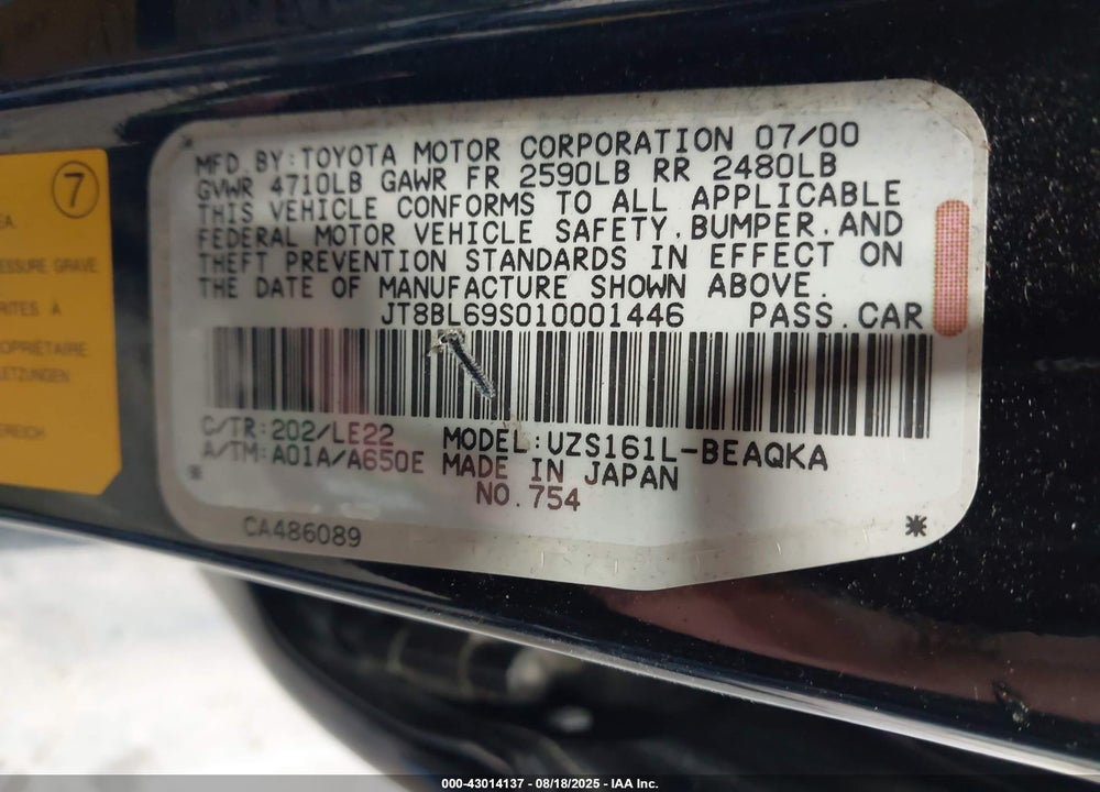 2001 LEXUS GS 430 VIN: JT8BL69S010001446