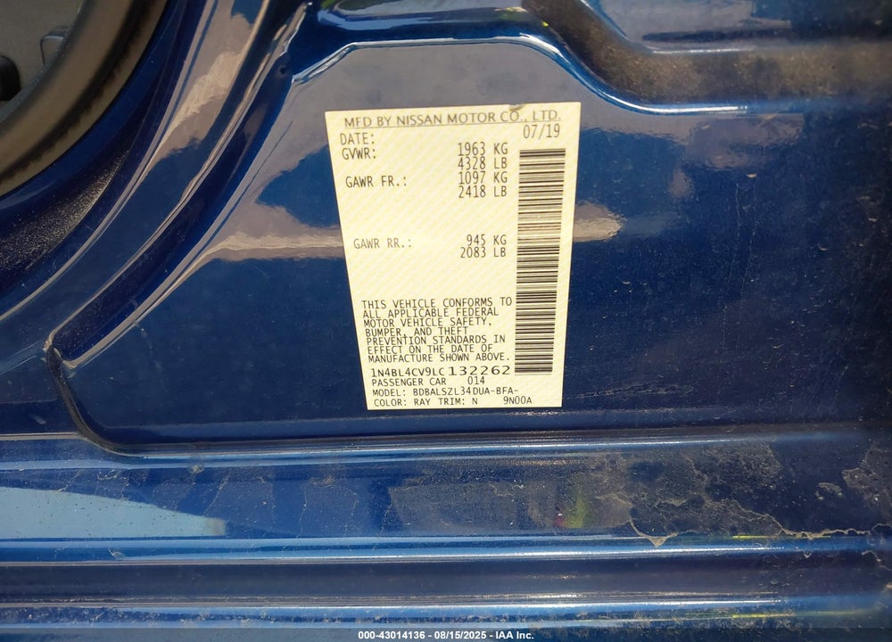 2020 NISSAN ALTIMA SR FWD VIN: 1N4BL4CV9LC132262
