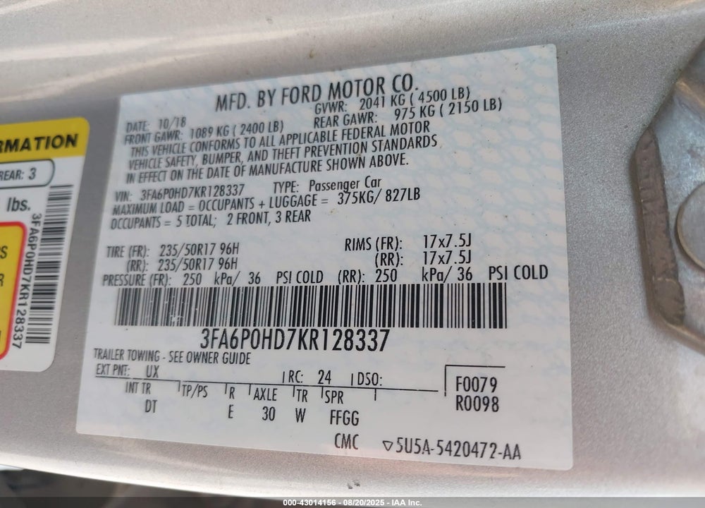 2019 FORD FUSION VIN: 3FA6P0HD7KR128337