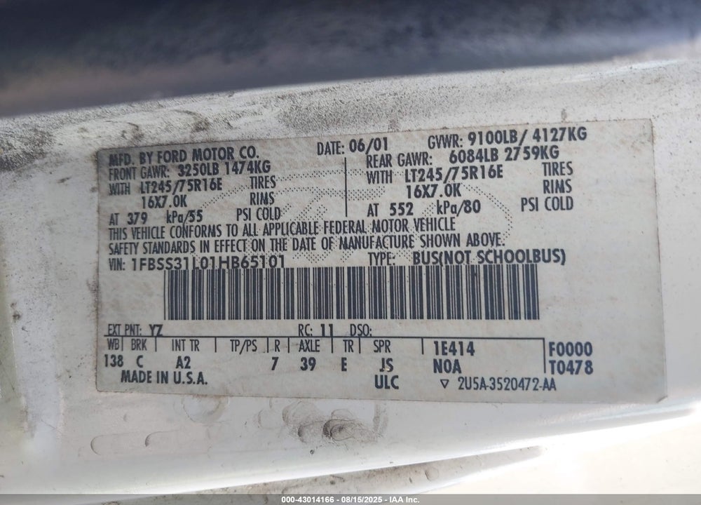2001 FORD E-350 SUPER DUTY XL/XLT VIN: 1FBSS31L01HB65101