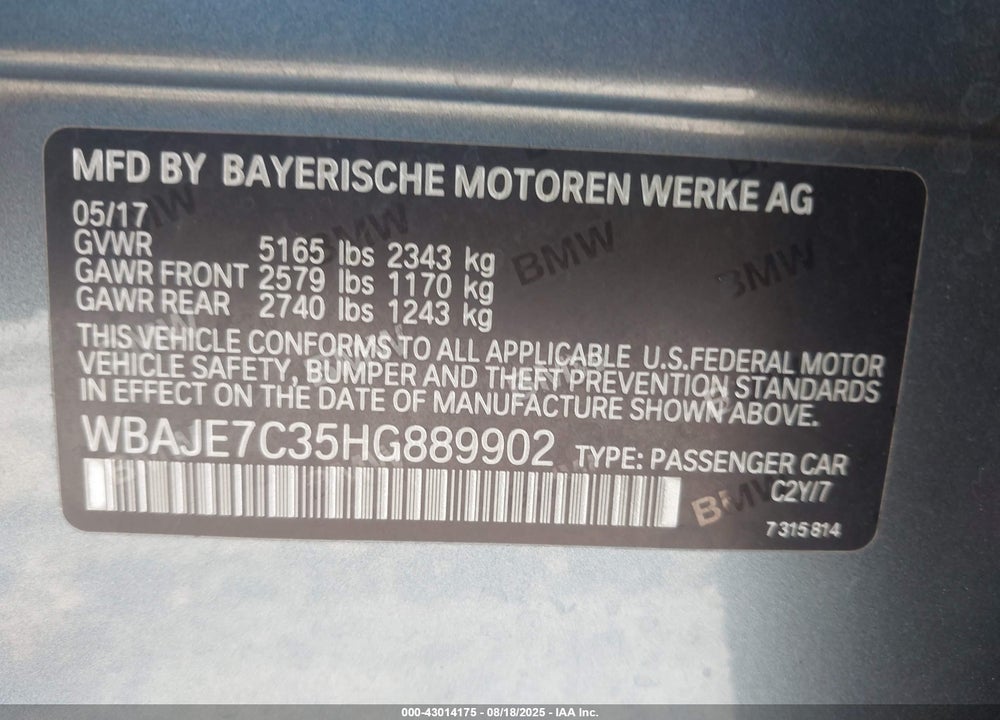 2017 BMW 5 SERIES VIN: WBAJE7C35HG889902