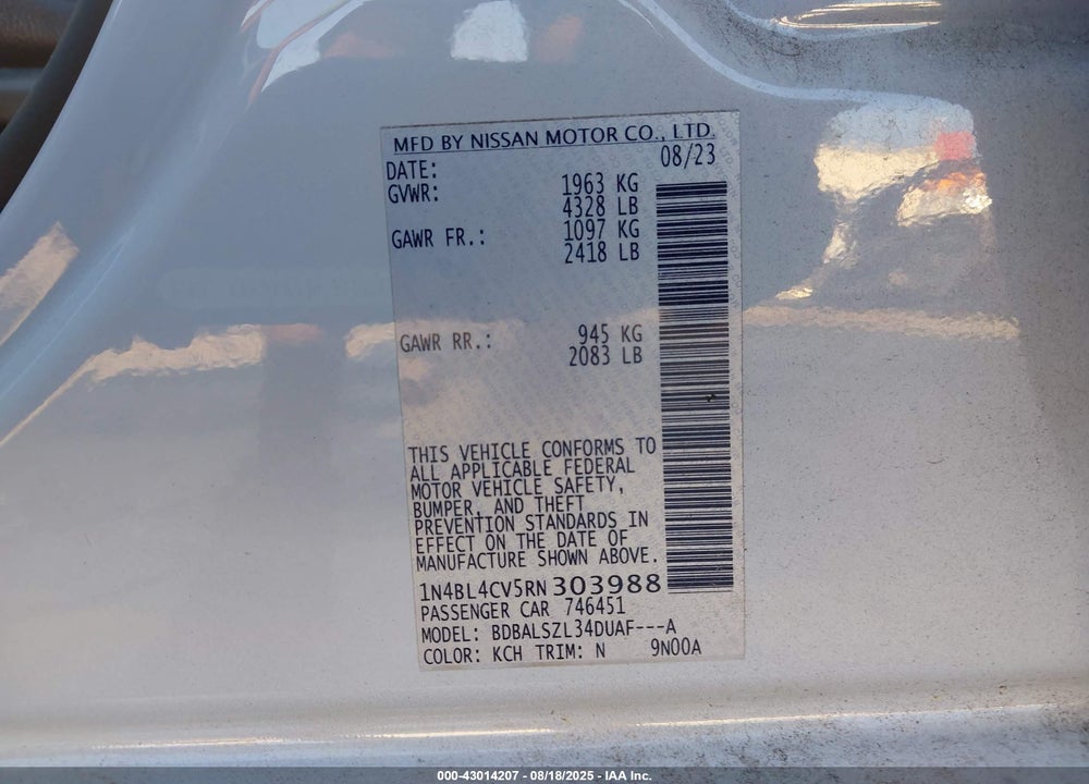 2024 NISSAN ALTIMA VIN: 1N4BL4CV5RN303988