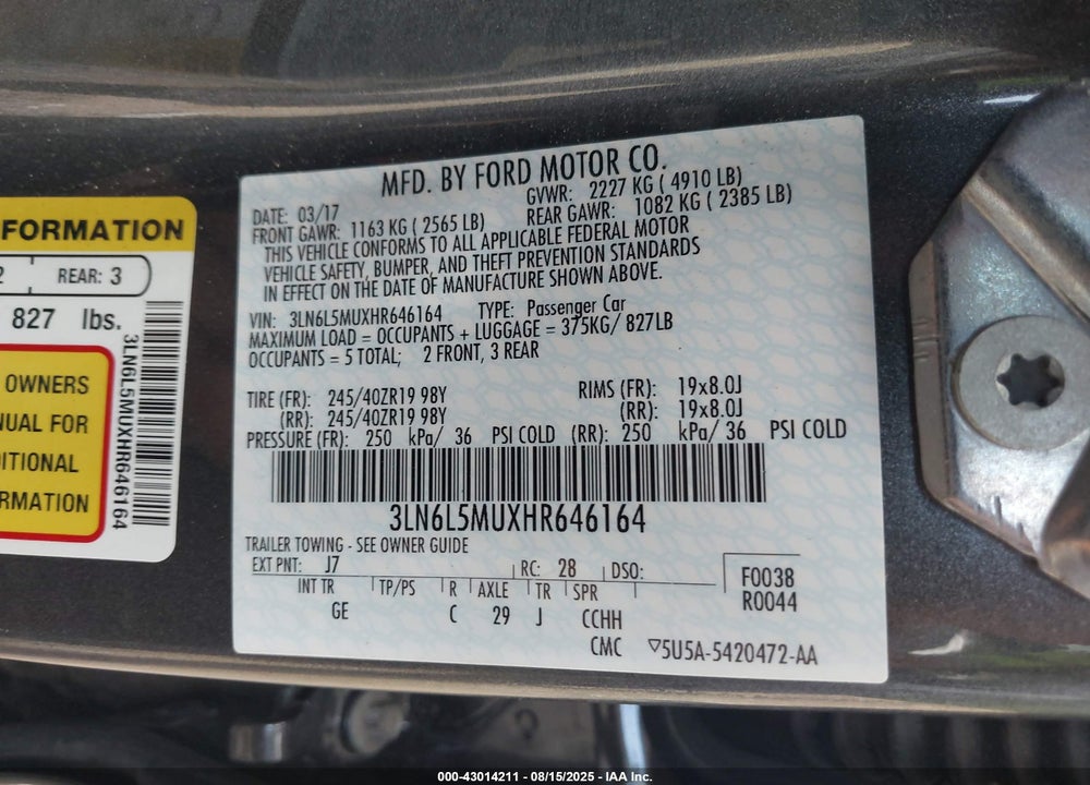 2017 LINCOLN MKZ VIN: 3LN6L5MUXHR646164