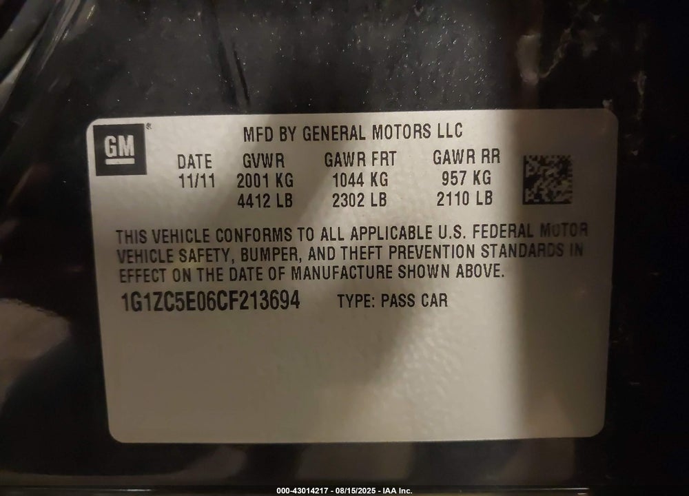 2012 CHEVROLET MALIBU VIN: 1G1ZC5E06CF213694