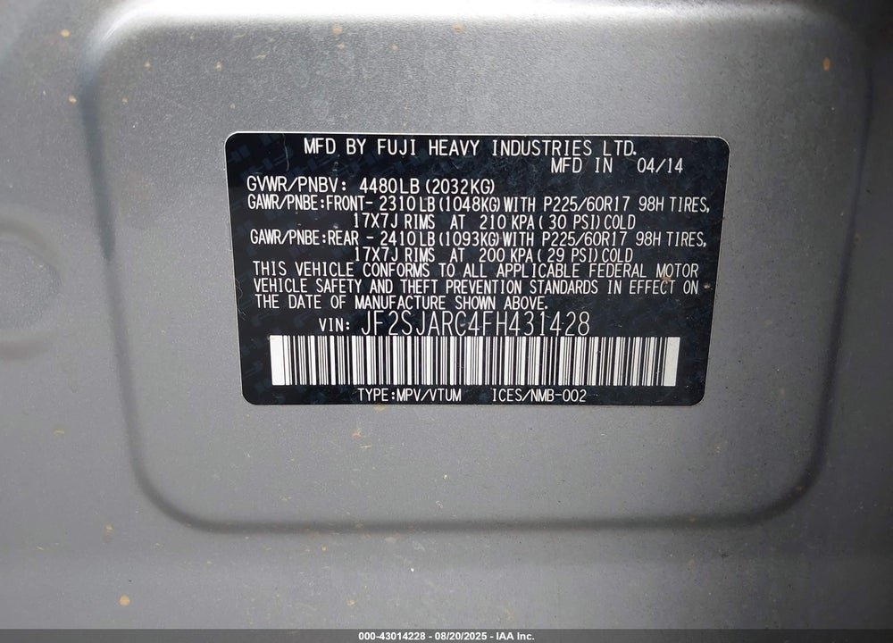 2015 SUBARU FORESTER VIN: JF2SJARC4FH431428