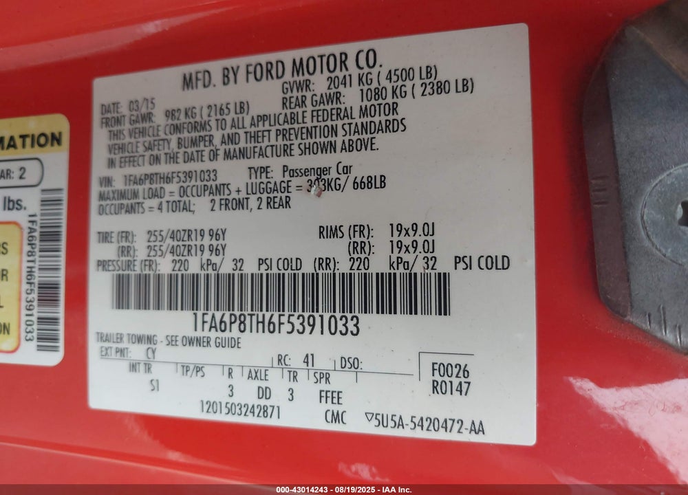 2015 FORD MUSTANG ECOBOOST VIN: 1FA6P8TH6F5391033