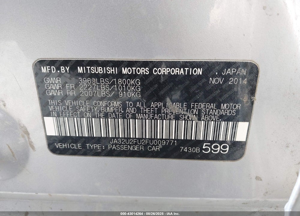 2015 MITSUBISHI LANCER ES VIN: JA32U2FU2FU009771