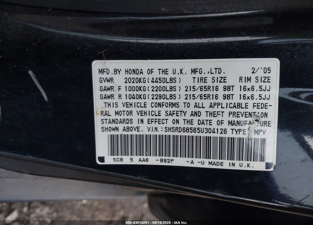 2005 HONDA CR-V LX VIN: SHSRD68565U304126