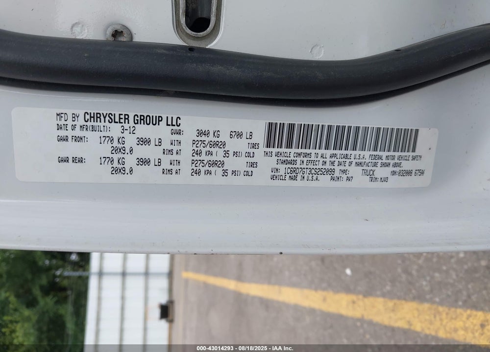 2012 RAM 1500 VIN: 1C6RD7GT3CS252099