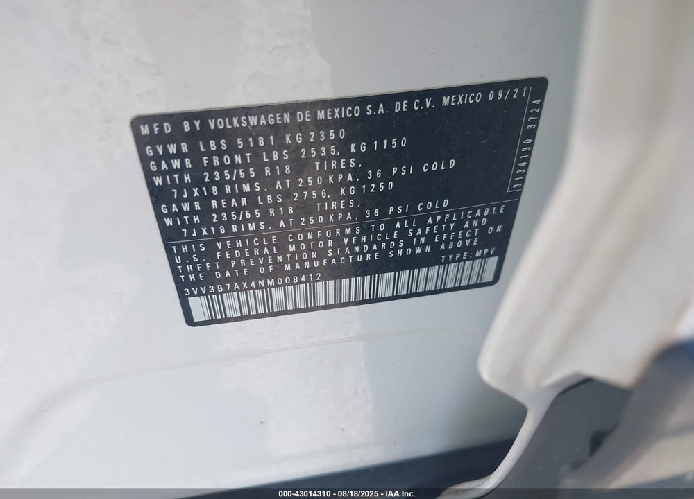 2022 VOLKSWAGEN TIGUAN 2.0T SE VIN: 3VV3B7AX4NM008412