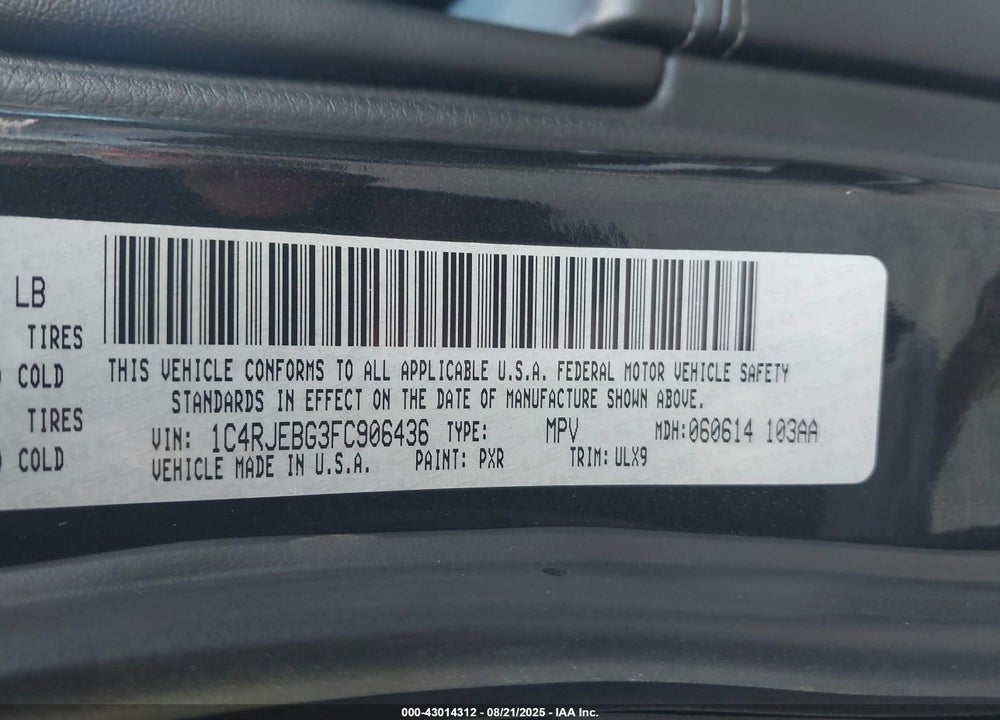2015 JEEP GRAND CHEROKEE VIN: 1C4RJEBG3FC906436