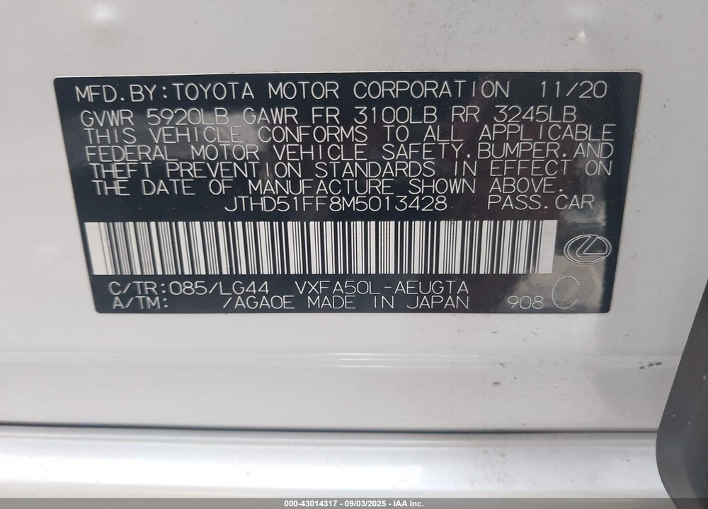2021 LEXUS LS 500 VIN: JTHD51FF8M5013428