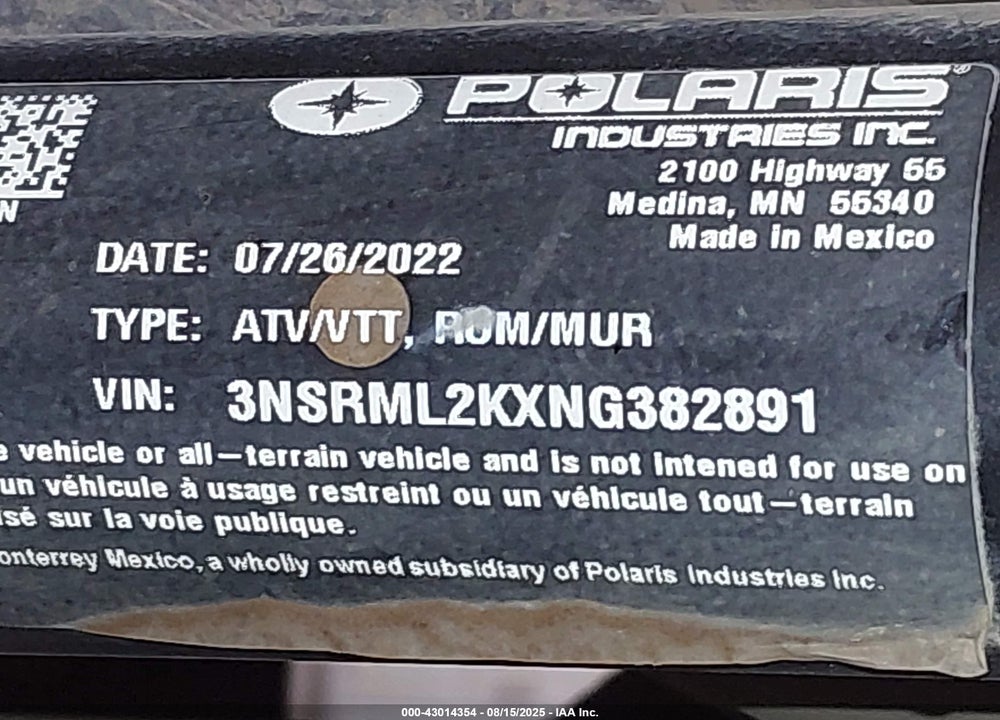 2022 POLARIS RZR PRO R 4 ULTIMATE LAUNCH EDITION VIN: 3NSRML2KXNG382891