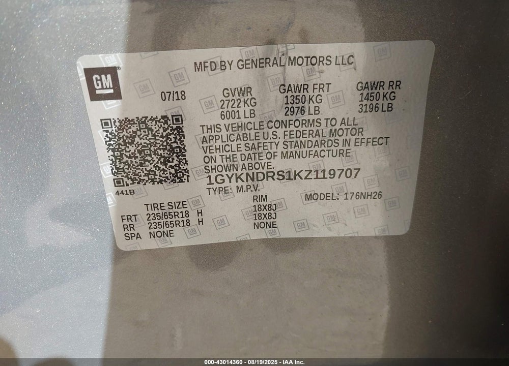 2019 CADILLAC XT5 LUXURY VIN: 1GYKNDRS1KZ119707