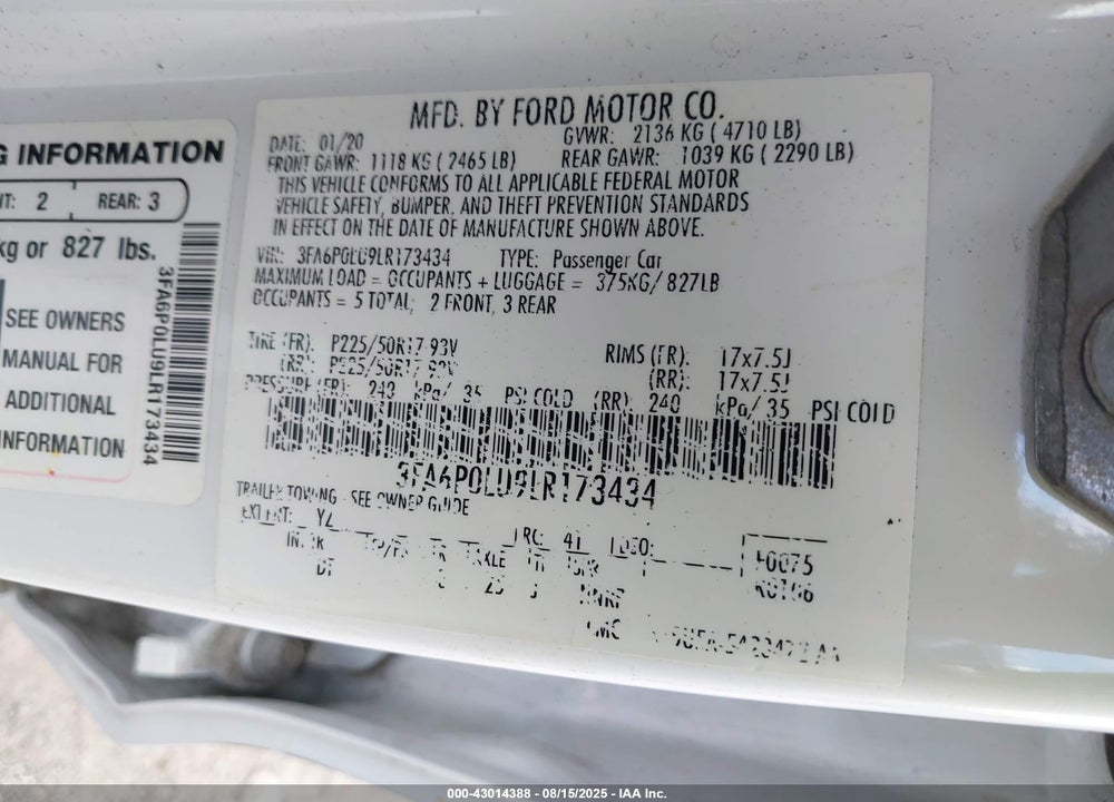 2020 FORD FUSION VIN: 3FA6P0LU9LR173434