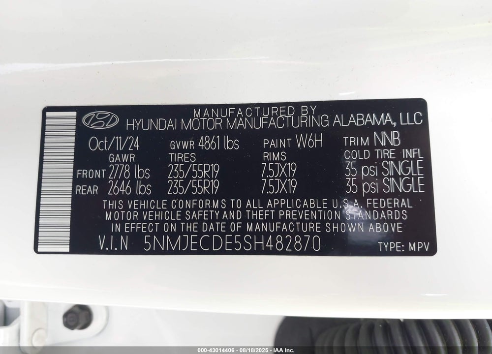 2025 HYUNDAI TUCSON VIN: 5NMJECDE5SH482870