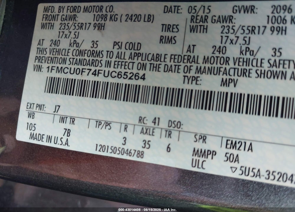 2015 FORD ESCAPE VIN: 1FMCU0F74FUC65264
