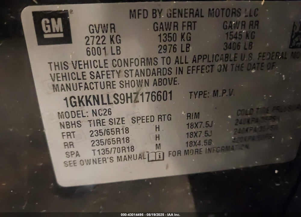 2017 GMC ACADIA VIN: 1GKKNLLS9HZ176601