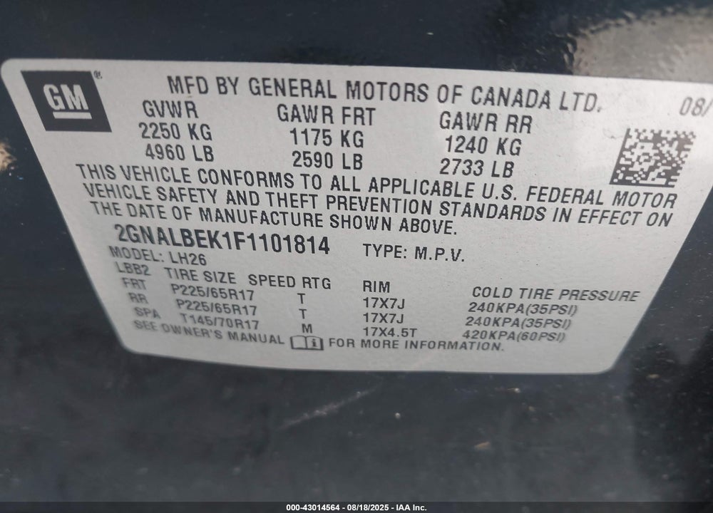 2015 CHEVROLET EQUINOX 1LT VIN: 2GNALBEK1F1101814