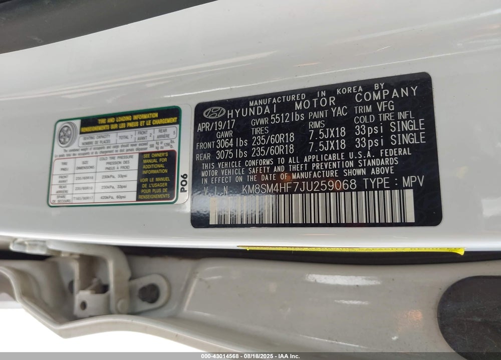 2018 HYUNDAI SANTA FE VIN: KM8SM4HF7JU259068