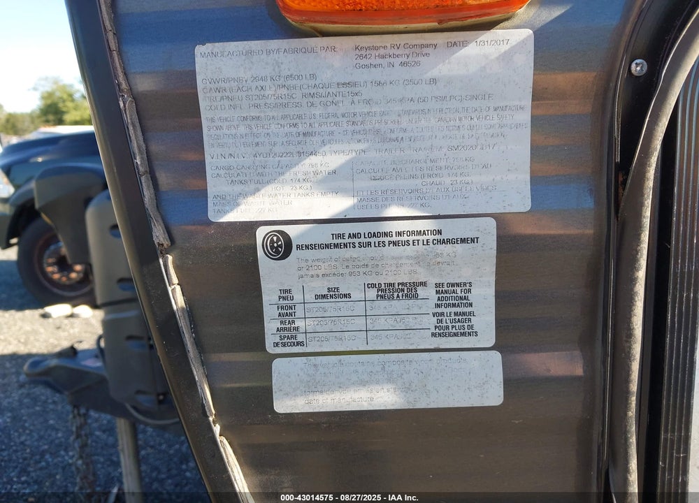 2017 KEYSTONE RV OTHER VIN: 4YDT20222H3154450