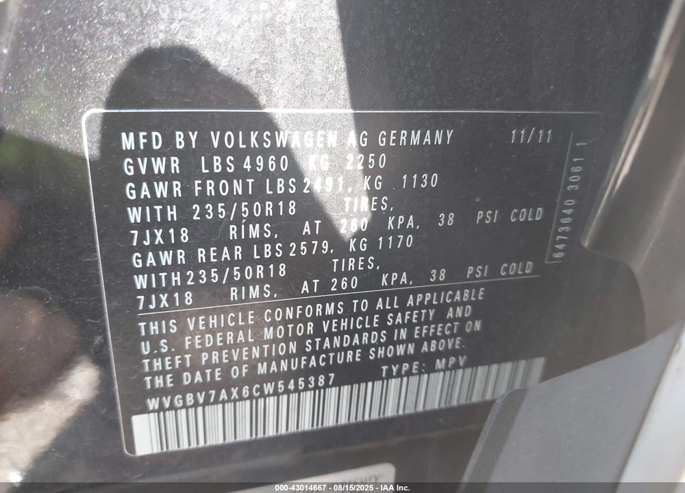 2012 VOLKSWAGEN TIGUAN SE VIN: WVGBV7AX6CW545387